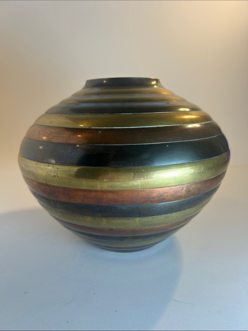 Metallic Striped Decorative Vase in Gold, Copper & Black